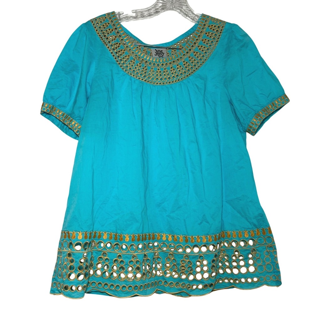 Ivy Jane Turquoise Gold Eyelet Embroidered Cotton Blouse XL Short Sleeve Boho